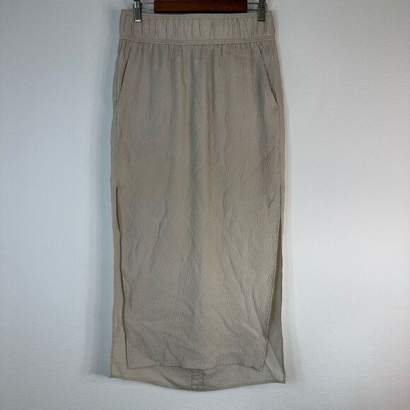 Helmut Lang 100% Silk Textured Midi Maxi Skirt Womens Medium Beige Side Slits - Picture 1 of 11